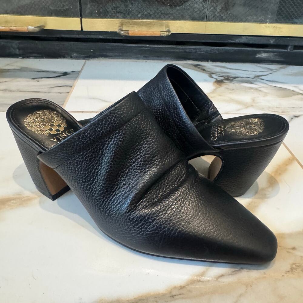 Vince Camuto Women’s Carlie‎ Black Leather Pointed Toe Block Heel Mules Size 6.5